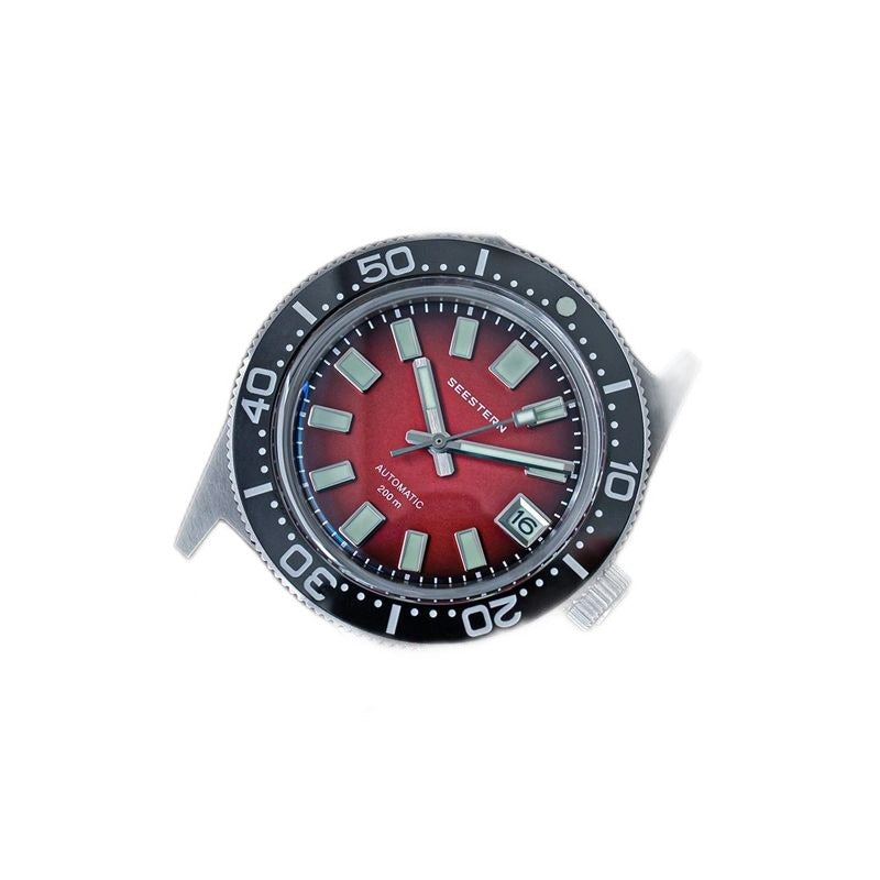 Seestern S404 red dial watch head shown without a strap, angled to show case, lugs and bezel