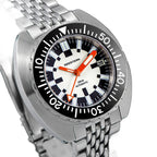 Seestern S406-2 Full Lume diver, black bezel and white lume dial, steel bracelet, angled studio view