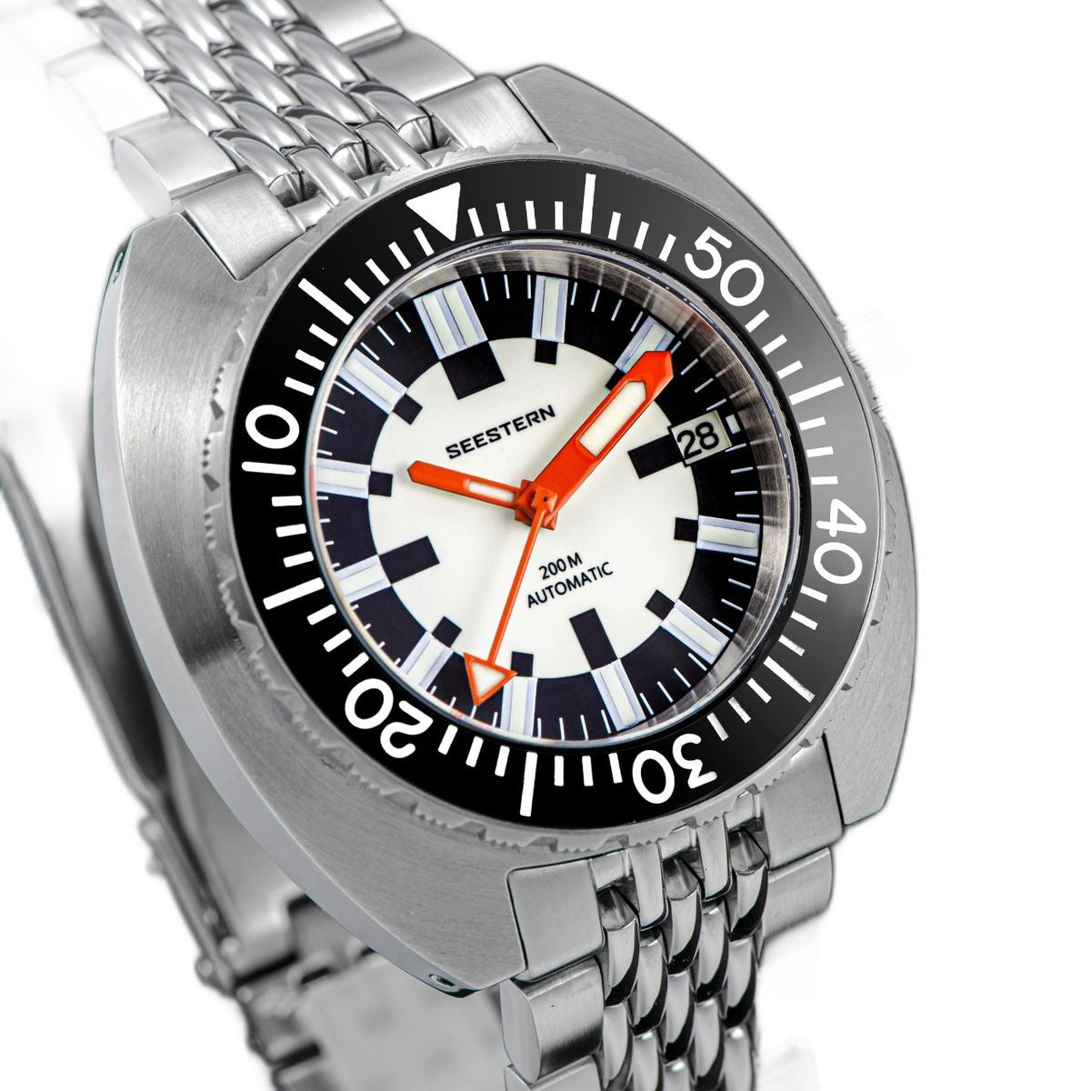 Seestern S406-2 Full Lume diver, black bezel and white lume dial, steel bracelet, angled studio view