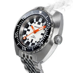 Seestern S406-2 Full Lume diver, white lume dial and black bezel, steel bracelet, angled view