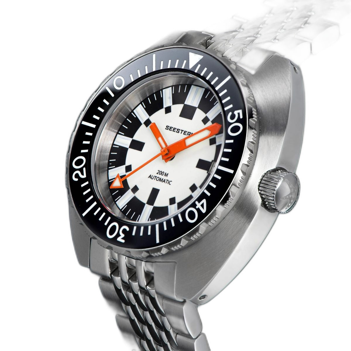 Seestern S406-2 Full Lume diver, white lume dial and black bezel, steel bracelet, angled view