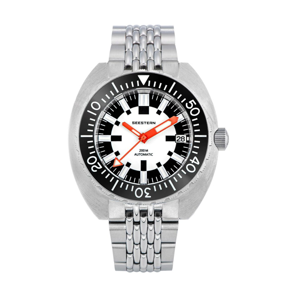 Seestern S406-2 Full Lume automatic diver 200m, white lume dial, black bezel, steel bracelet, front