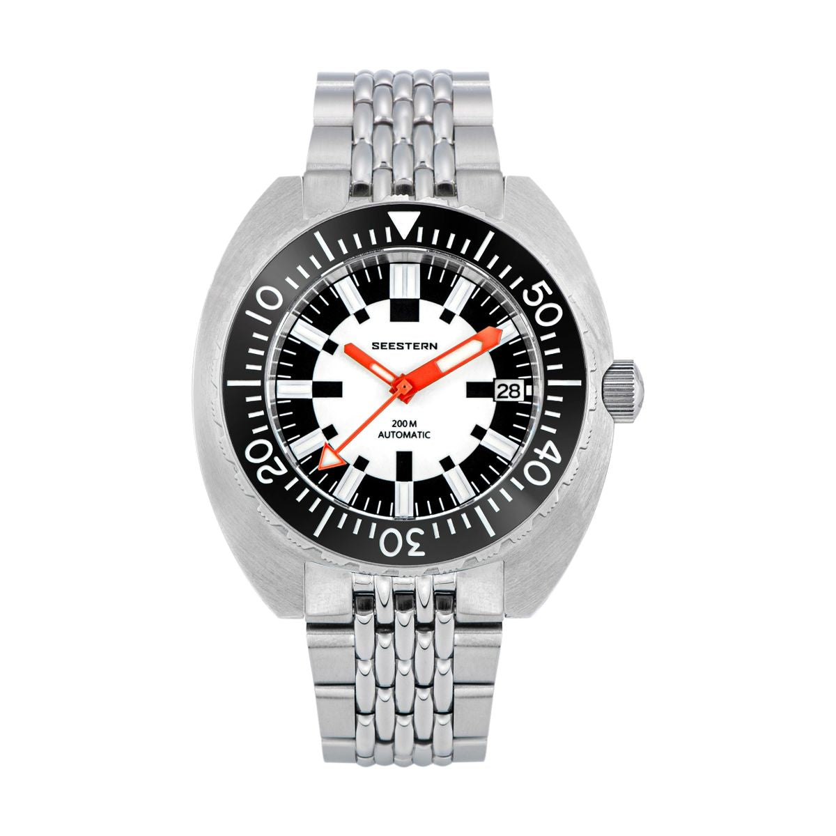 Seestern S406-2 Full Lume automatic diver 200m, white lume dial, black bezel, steel bracelet, front