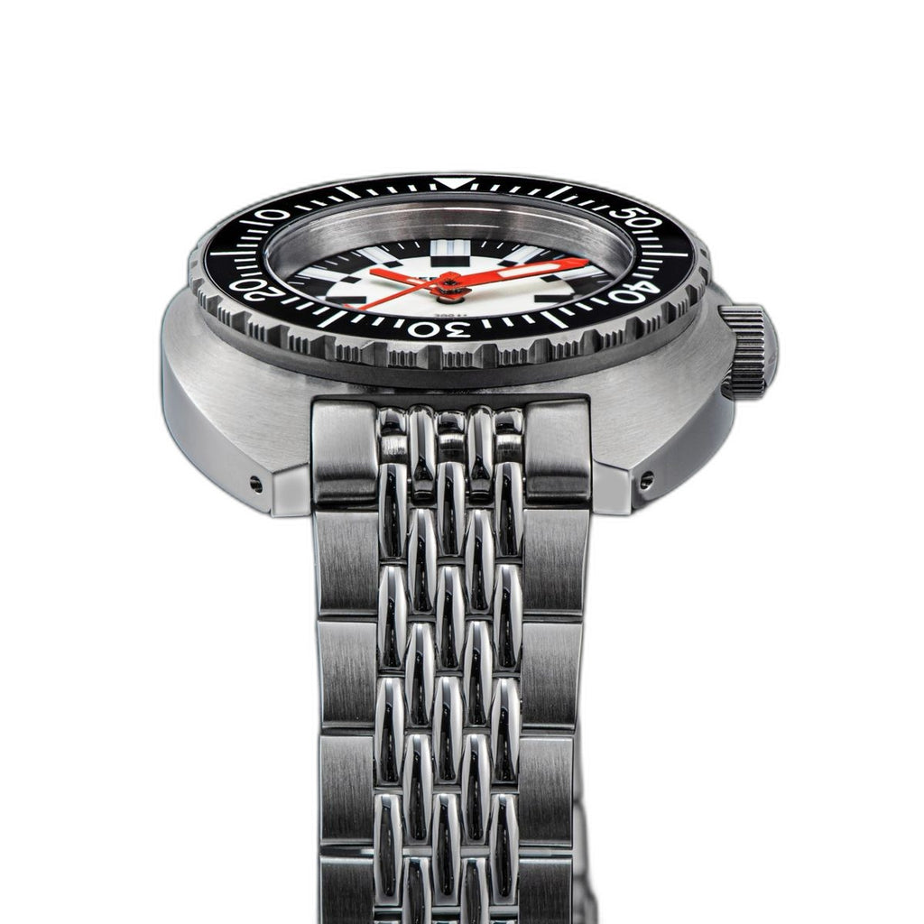 Seestern S406-2 Full Lume diver side profile with black dive bezel and steel beads-of-rice bracelet