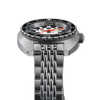 Seestern S406-2 Full Lume diver side profile with black dive bezel and steel beads-of-rice bracelet