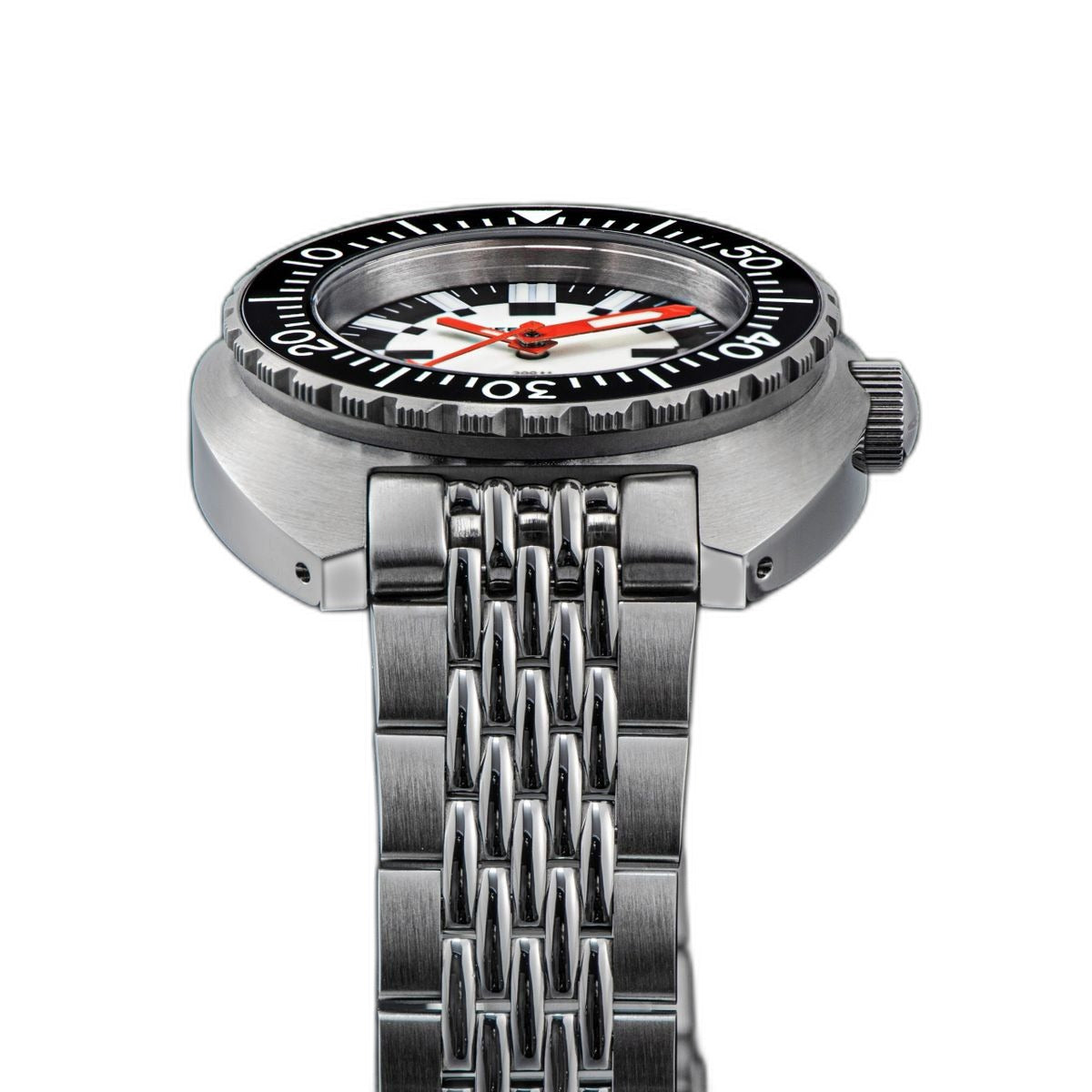 Seestern S406-2 Full Lume diver side profile with black dive bezel and steel beads-of-rice bracelet