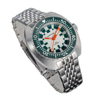 Seestern S406-2 Full Lume diver, green bezel and white lume dial, steel bracelet, angled studio view