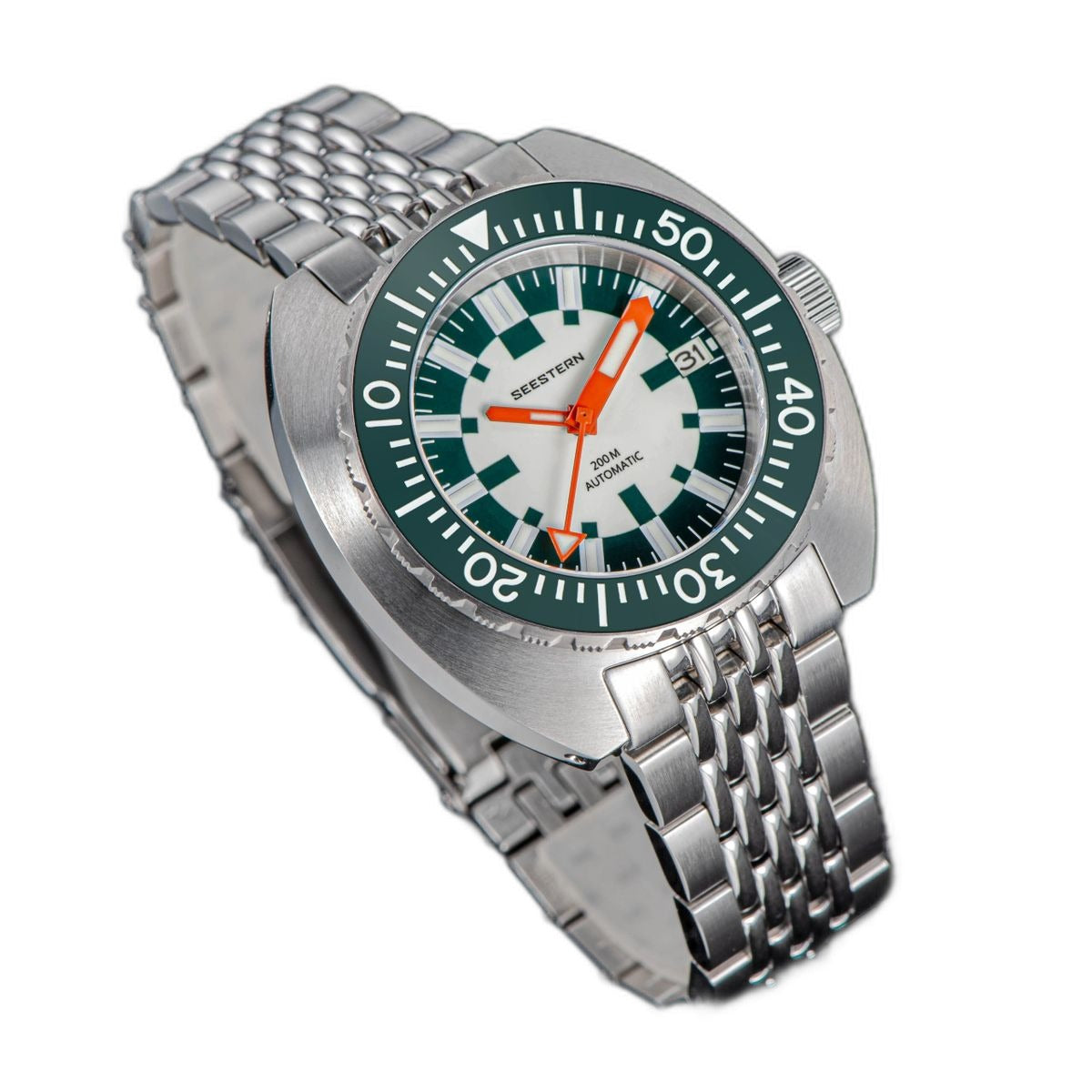 Seestern S406-2 Full Lume diver, green bezel and white lume dial, steel bracelet, angled studio view