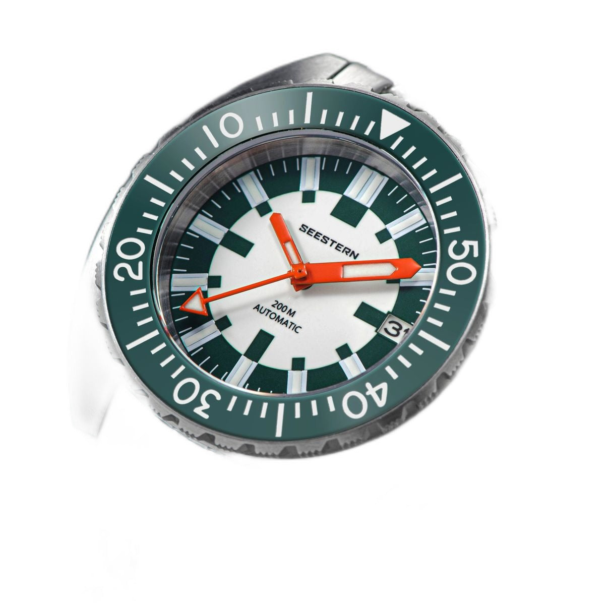 Seestern S406-2 Full Lume diver, green bezel and white lume dial, steel bracelet, close-up angle