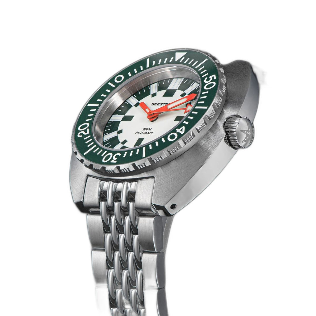 Seestern S406-2 Full Lume diver, white lume dial and green bezel, steel bracelet, three-quarter view