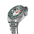Seestern S406-2 Full Lume diver, white lume dial and green bezel, steel bracelet, three-quarter view