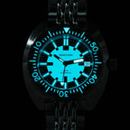 Seestern S406-2 Full Lume diver dial glowing bright blue lume in the dark, steel bracelet