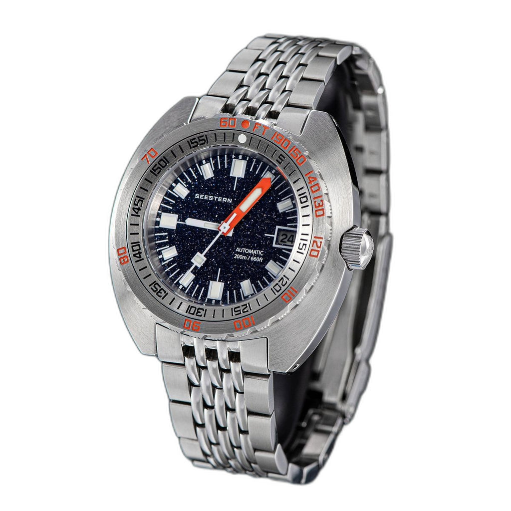 Seestern S406 dark blue aventurine diver on steel bracelet, three-quarter view