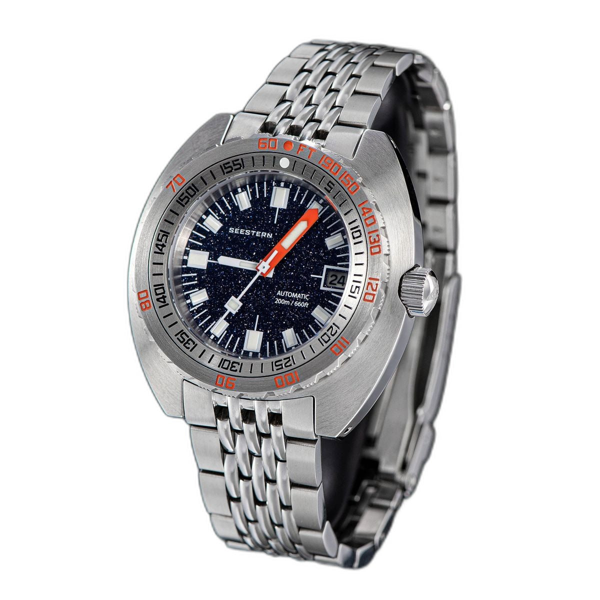 Seestern S406 dark blue aventurine diver on steel bracelet, three-quarter view