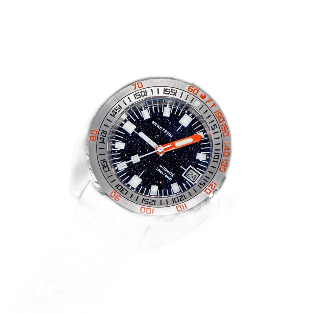 Seestern S406 aventurine starry-dial diver on steel bracelet, dramatic angled view