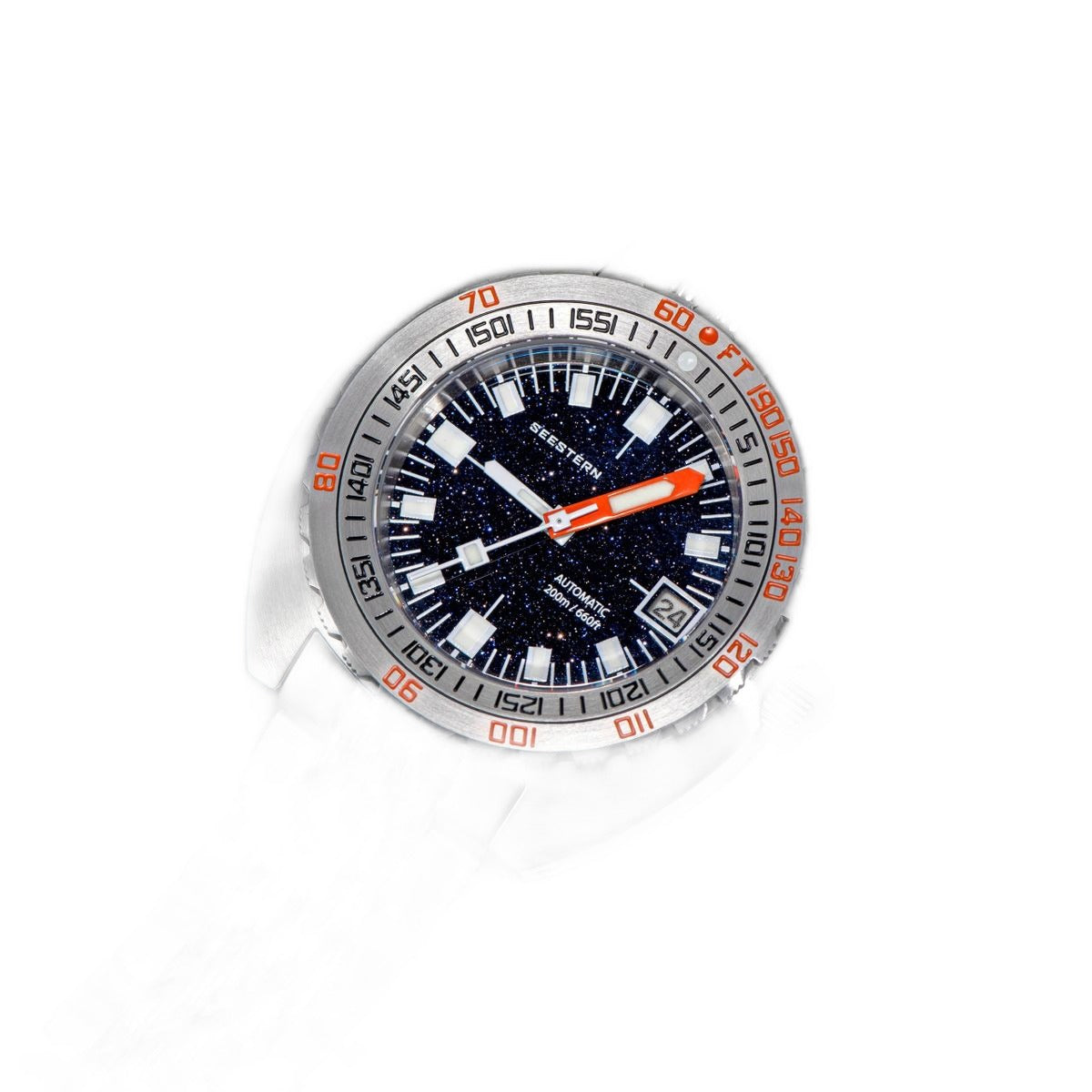 Seestern S406 aventurine starry-dial diver on steel bracelet, dramatic angled view