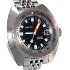 Seestern S406 aventurine starry-dial diver on steel bracelet resting on leather, angled view