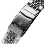 Seestern S406 dark blue aventurine diver on steel beads-of-rice bracelet, angled studio view