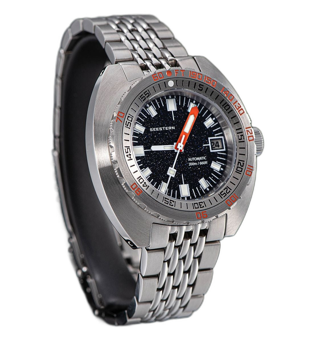 Seestern S406 aventurine starry dial diver on steel bracelet, three-quarter product view