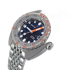 Seestern S406 dark blue aventurine diver on steel bracelet, angled close-up studio view