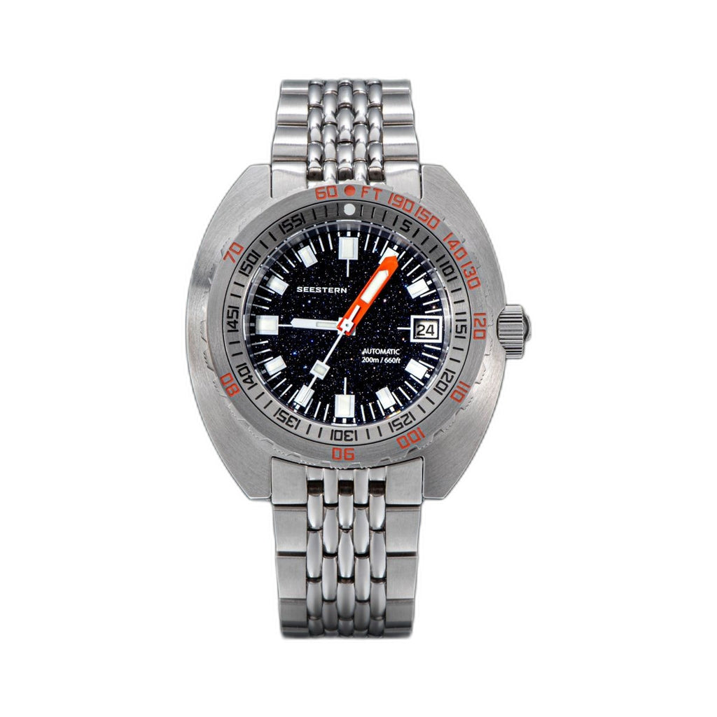 Seestern S406 automatic diver, dark blue aventurine starry dial, steel bracelet, front view