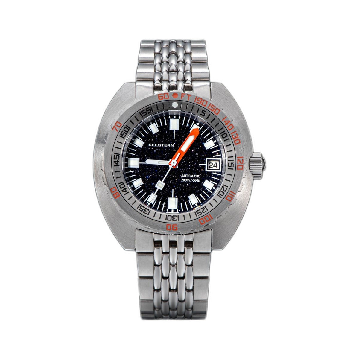 Seestern S406 automatic diver, dark blue aventurine starry dial, steel bracelet, front view
