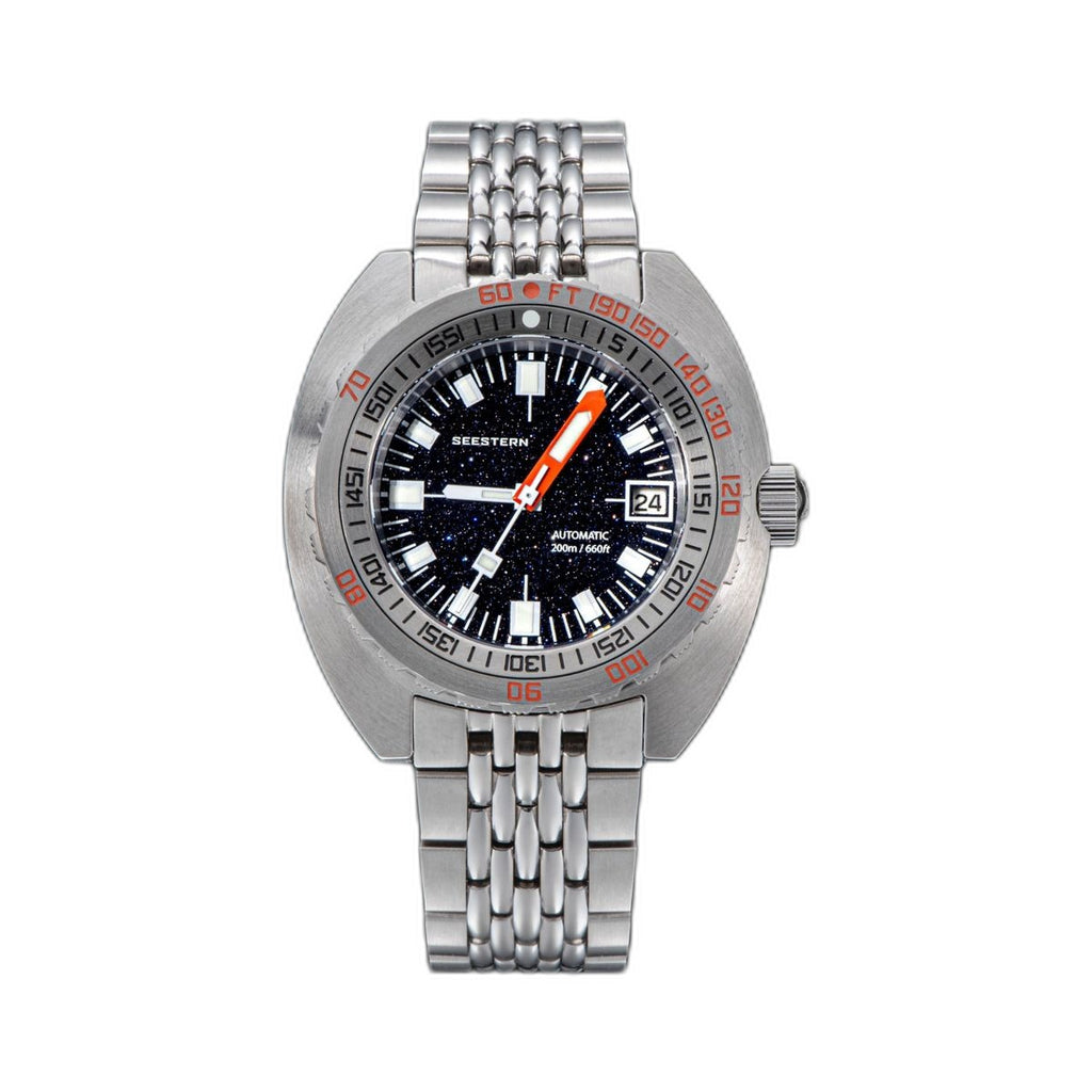 Seestern S406 automatic diver, dark blue aventurine starry dial, steel case and bracelet, front