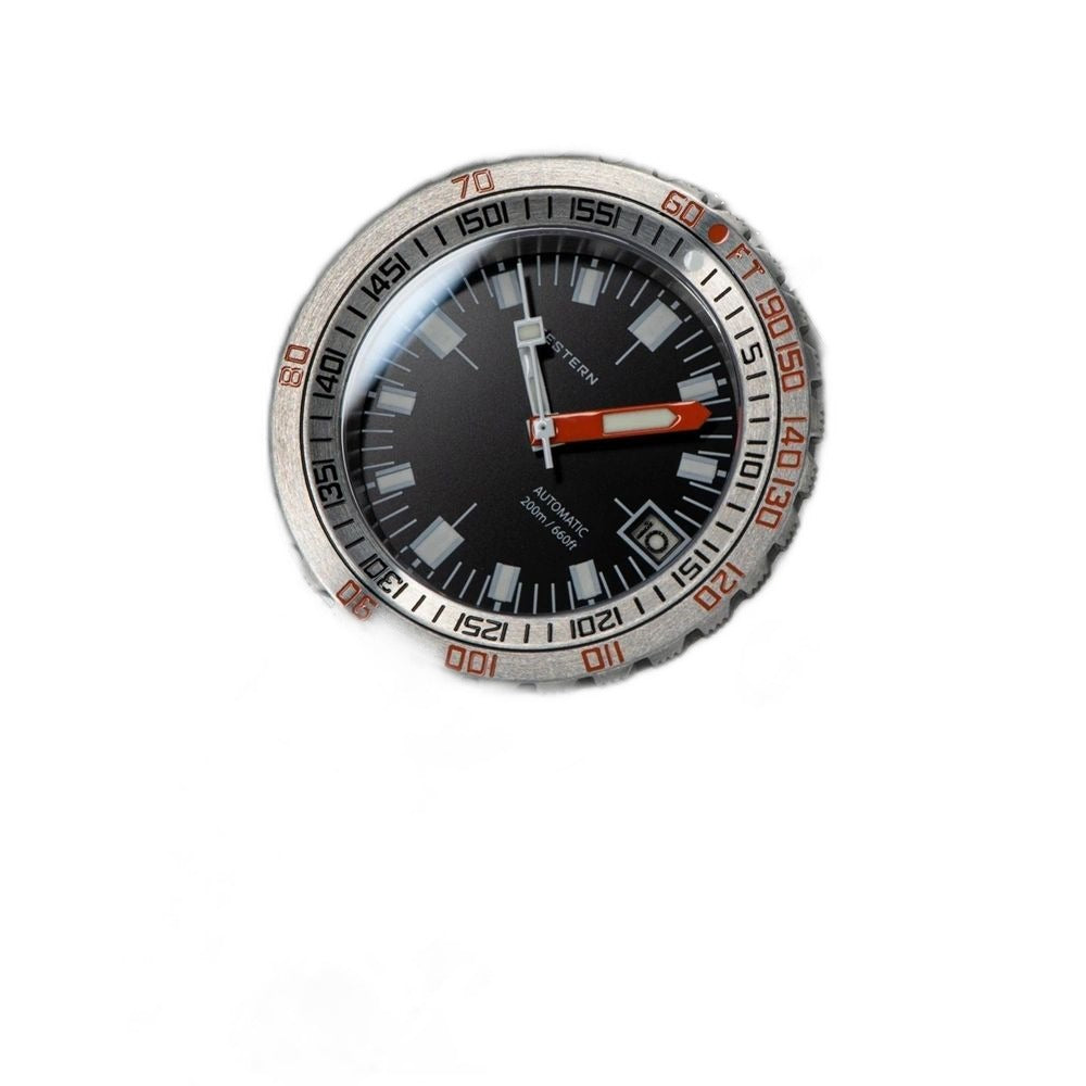 Seestern S406 automatic diver, black dial and steel beads-of-rice bracelet, angled view
