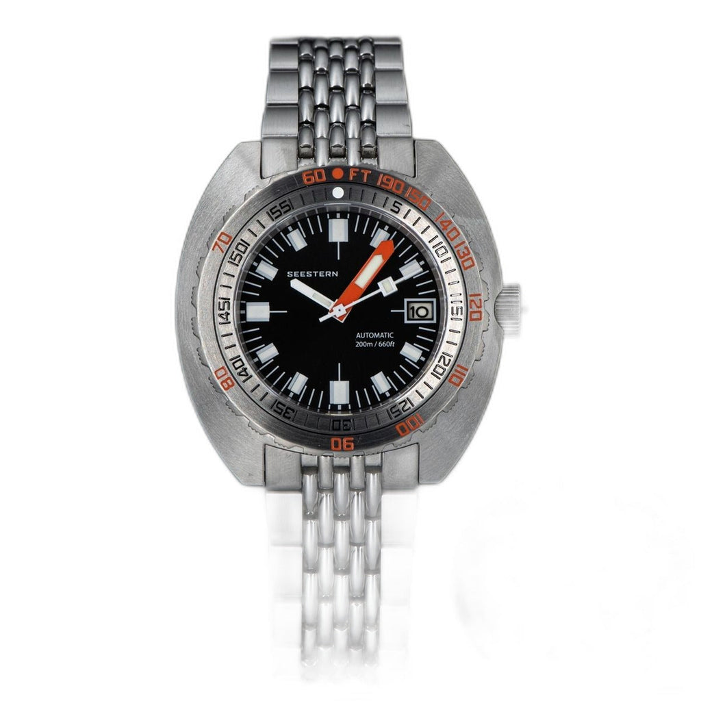 Seestern S406 black dial automatic diver, front view on a stainless steel bracelet