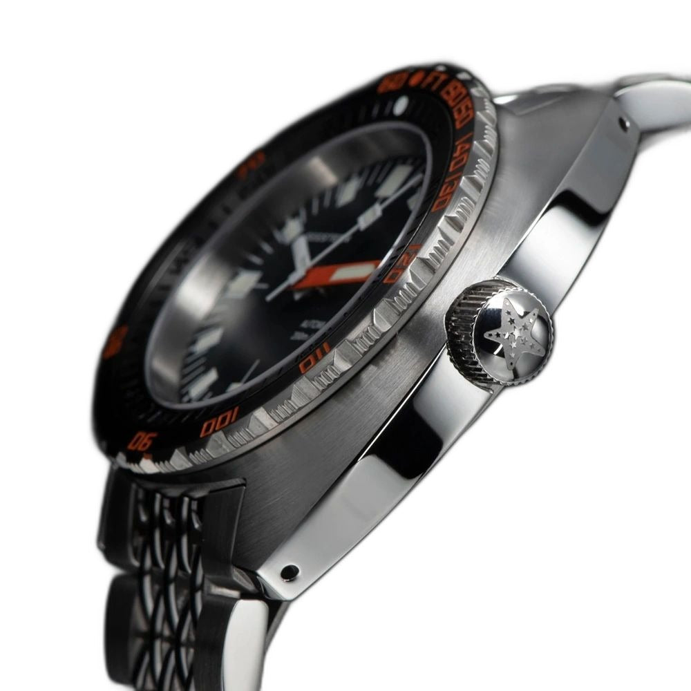 Seestern S406 side profile showing the signed starfish crown, orange bezel scale and case