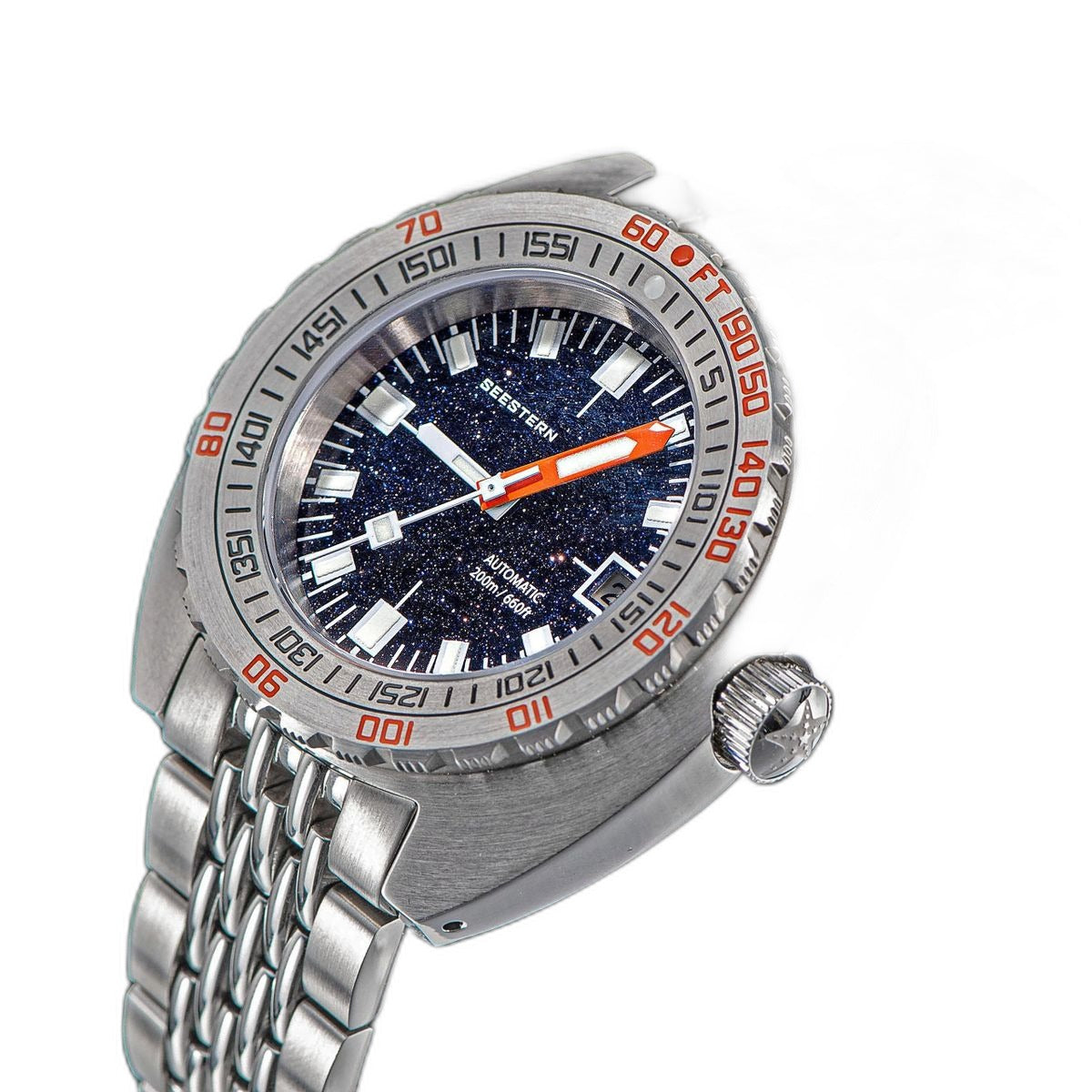 Seestern S406 Aventurine dial angled view with the starfish-signed crown in focus