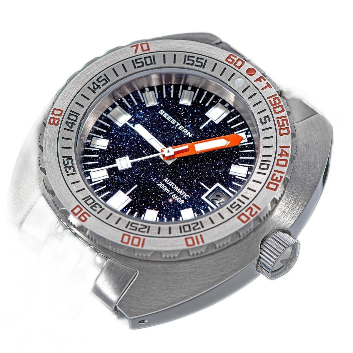 Seestern S406 Aventurine stone dial at a three-quarter view on a stainless steel bracelet