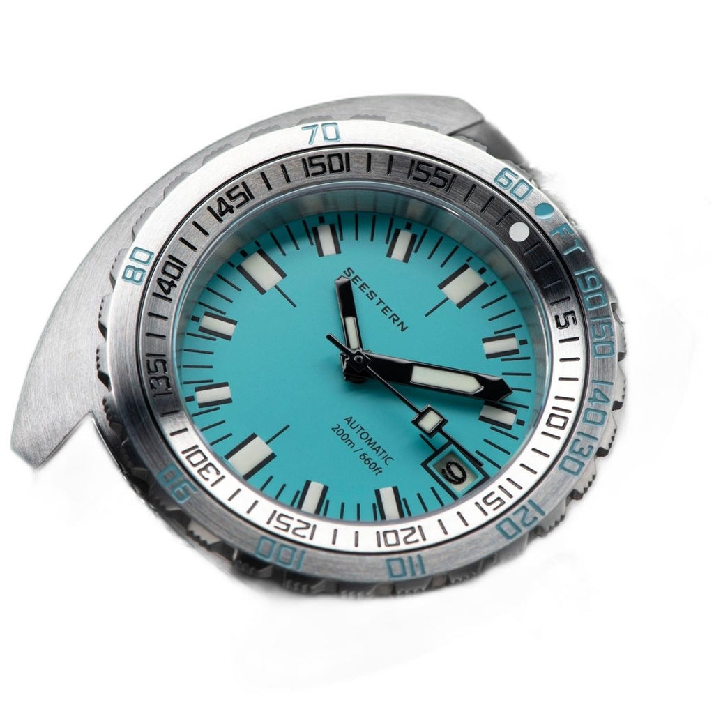 Seestern S406 pastel blue dial watch head at an angle showing bezel grip and dial texture