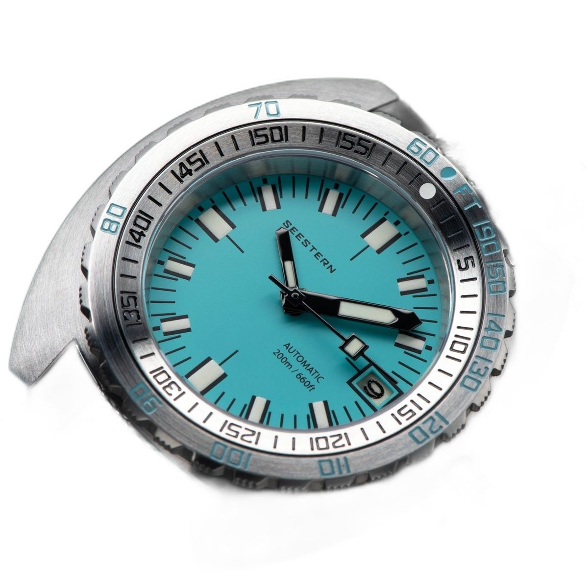 Seestern S406 pastel blue dial watch head at an angle showing bezel grip and dial texture