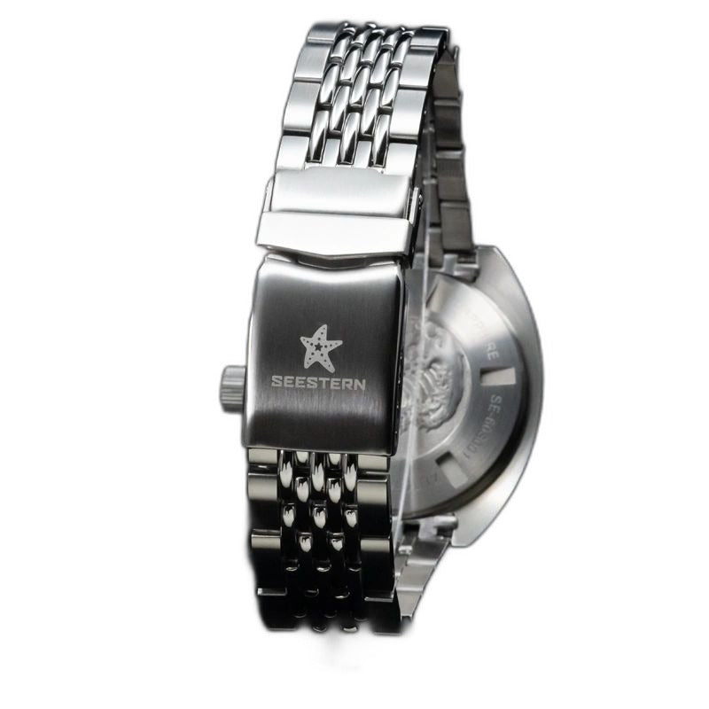 Seestern S406 steel bracelet folding clasp with engraved Seestern star, close-up detail
