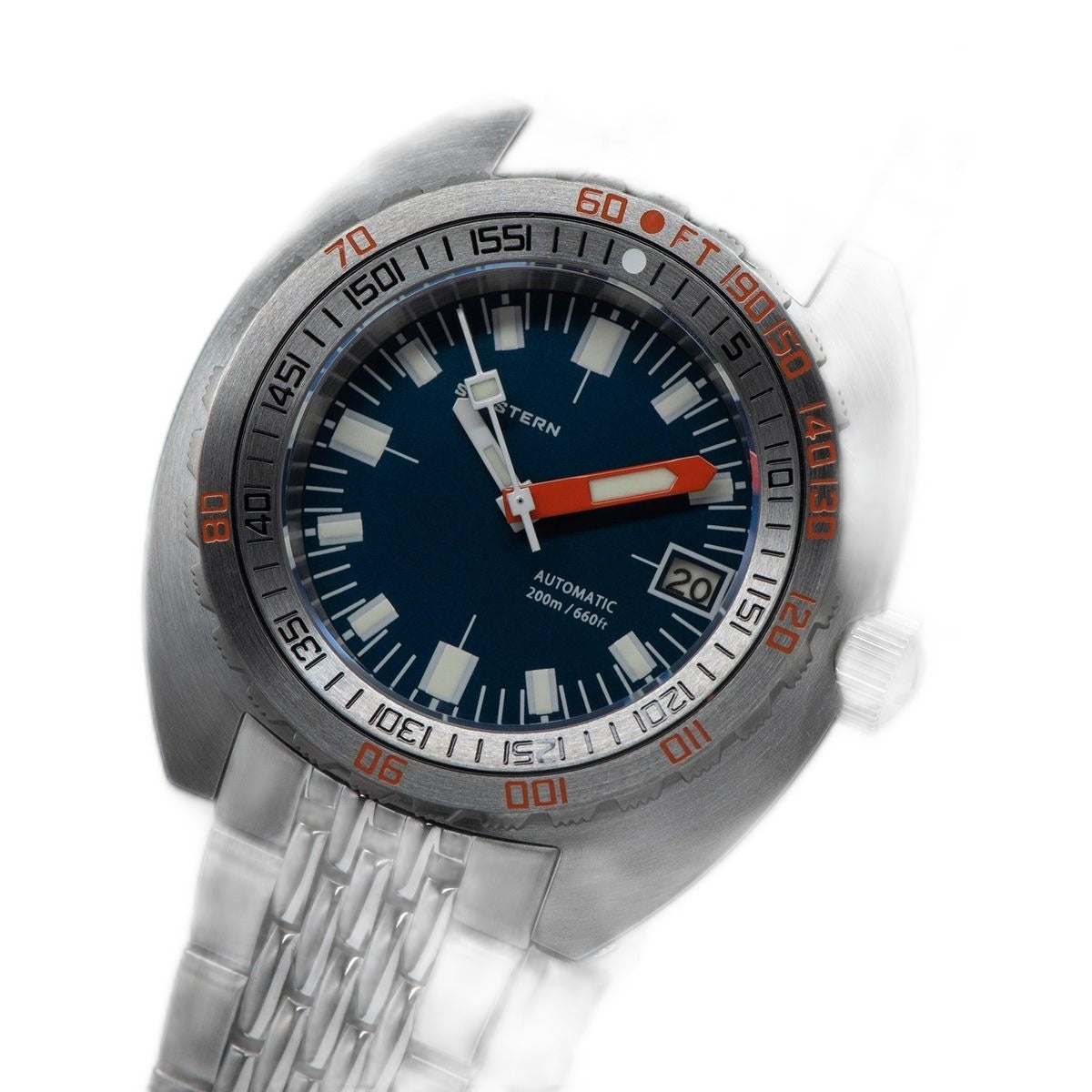 Seestern S406 dark blue diver on steel beads-of-rice bracelet, three-quarter studio view