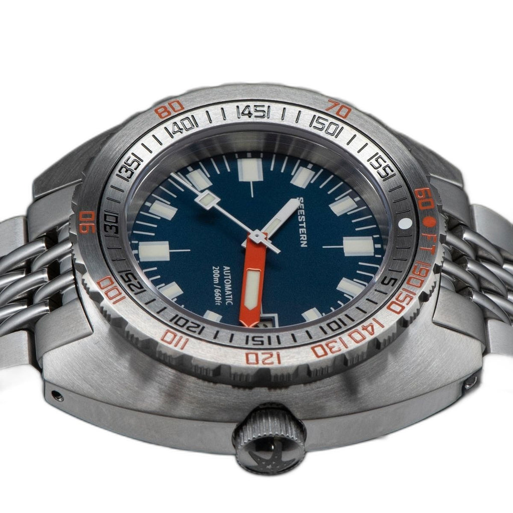 Seestern S406 dark blue-dial diver on steel bracelet, dramatic angled studio view
