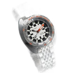 Seestern S406 checkerboard military-dial diver on steel bracelet, angled studio product view