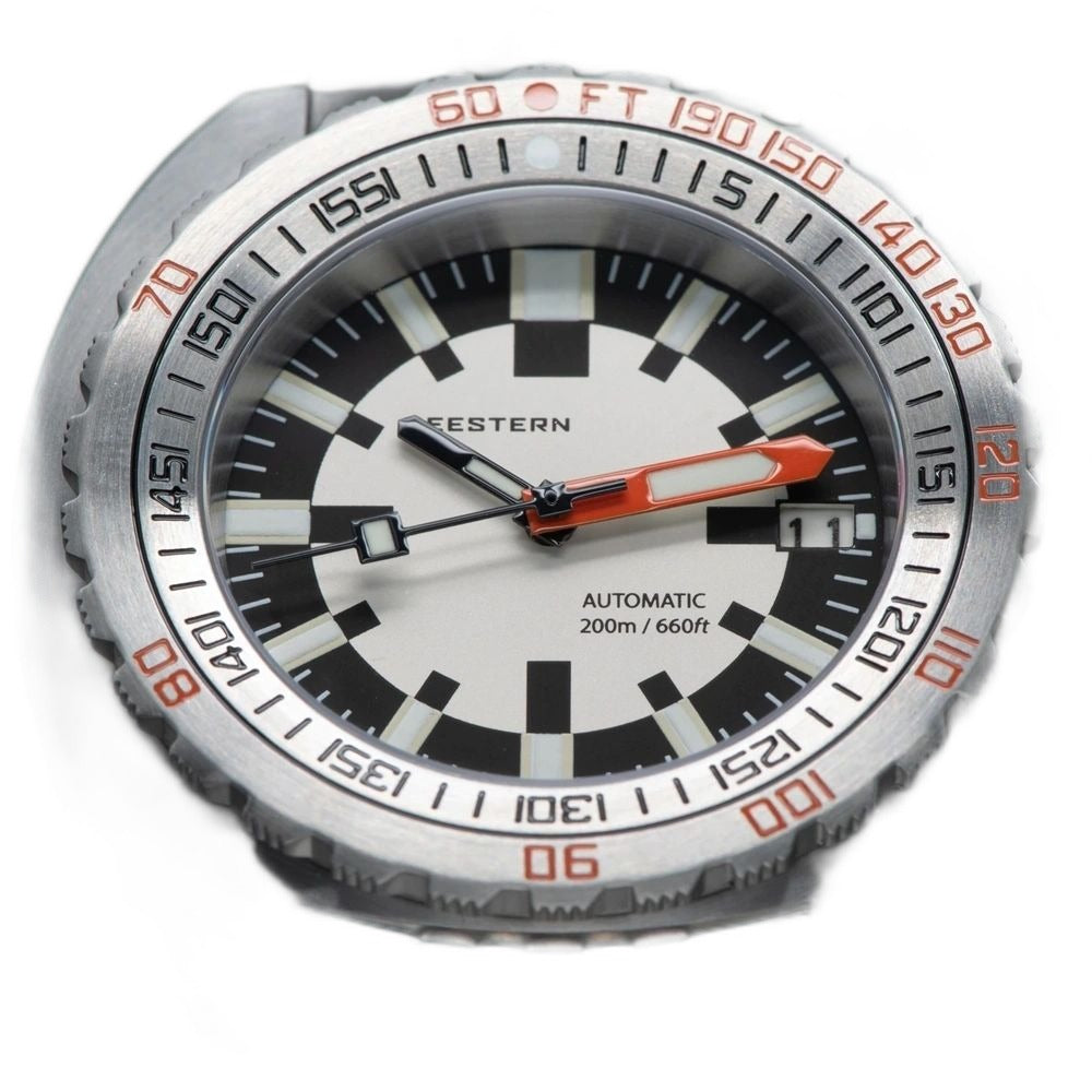 Seestern S406 automatic diver, cream and black checkerboard military dial, steel bracelet, angled