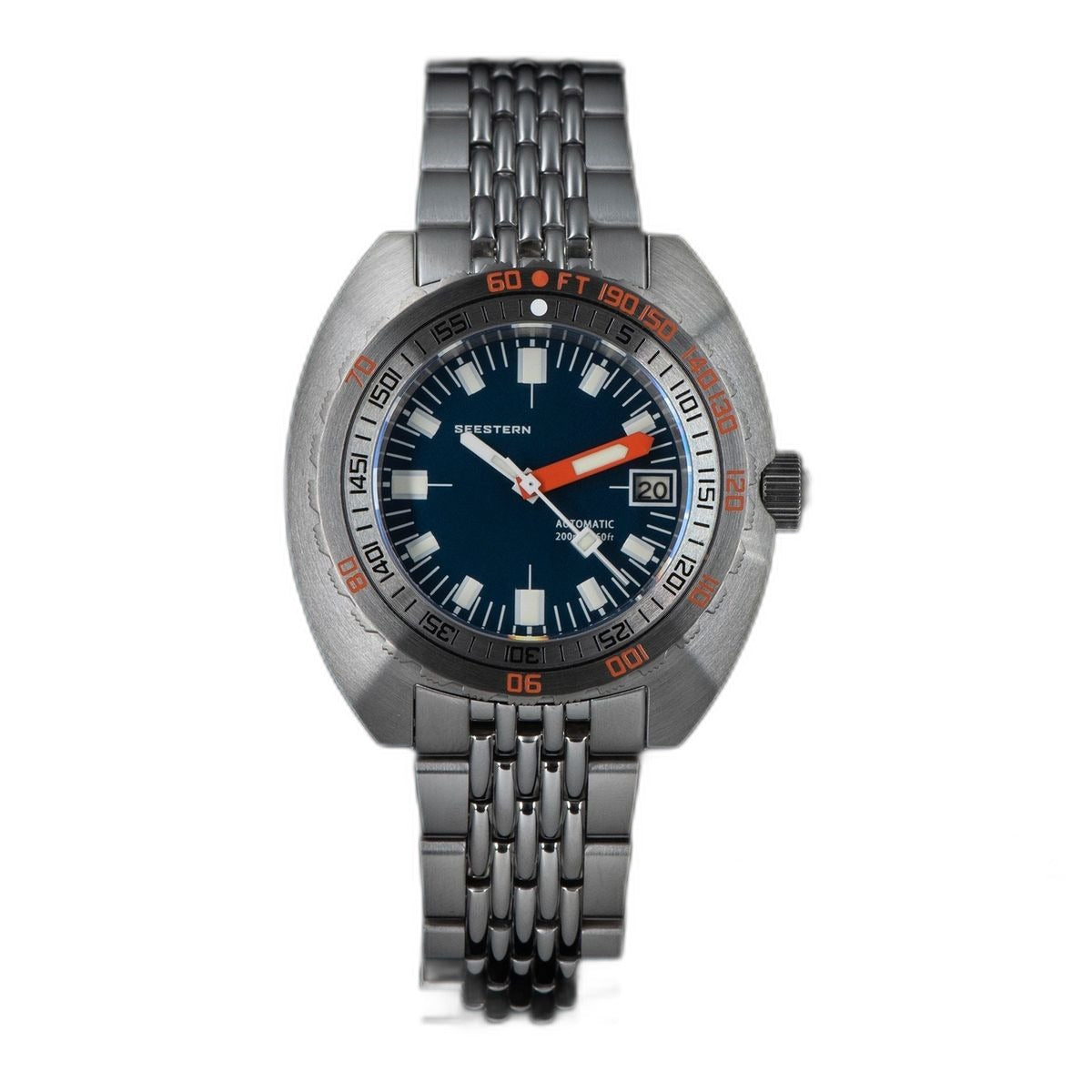 Seestern S406 dark blue dial automatic diver, straight-on front view with steel bracelet