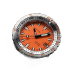 Seestern S406 automatic diver, orange dial and steel beads-of-rice bracelet, dramatic angled view