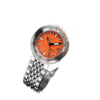 Seestern S406 automatic diver, orange dial, steel beads-of-rice bracelet, three-quarter view