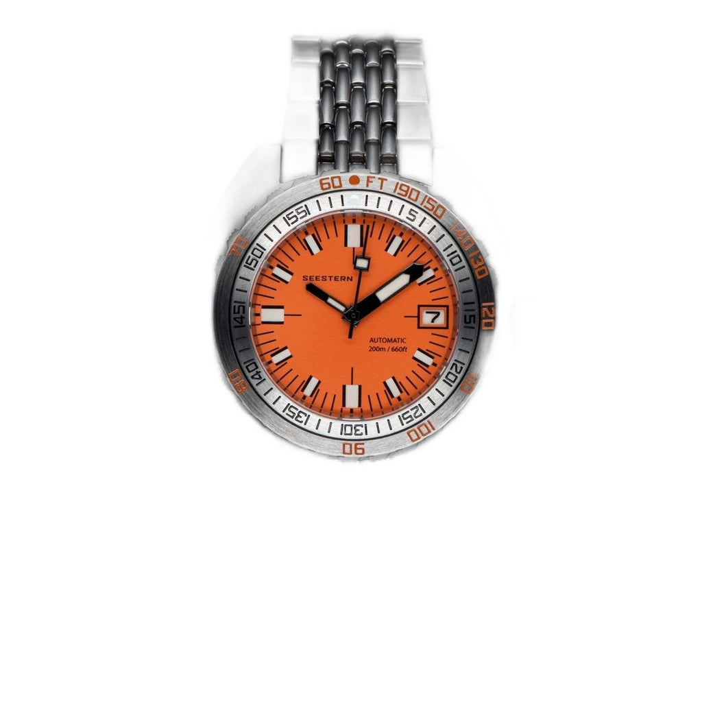 Seestern S406 automatic dive watch 200m, orange dial, steel case and beads-of-rice bracelet, front