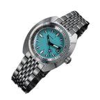 Seestern S406 automatic diver, pastel blue dial and steel bracelet, angled close-up view