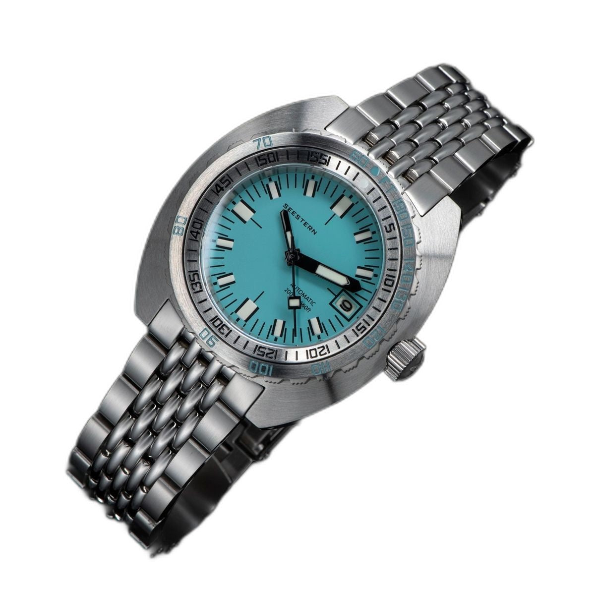 Seestern S406 automatic diver, pastel blue dial and steel bracelet, angled close-up view