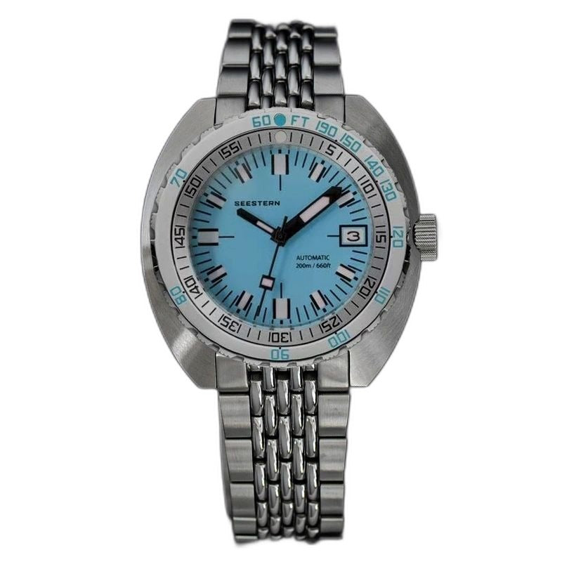 Seestern S406 automatic dive watch 200m, pastel blue dial, steel case and beads-of-rice bracelet, front