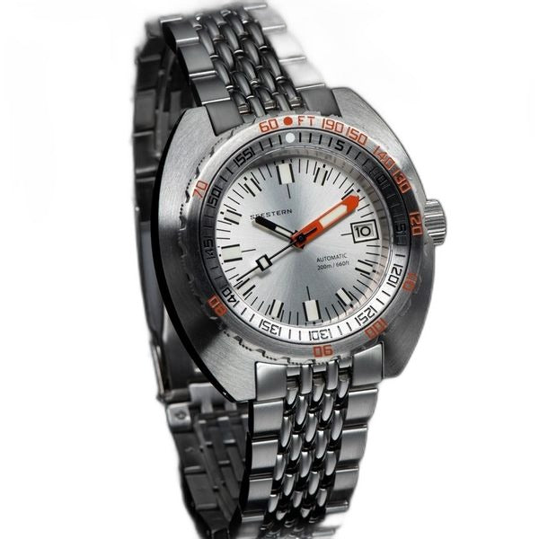 Seestern S406 silver-dial diver on steel beads-of-rice bracelet, low angled studio view