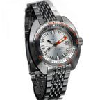 Seestern S406 silver-dial diver on steel beads-of-rice bracelet, low angled studio view
