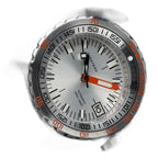 Seestern S406 automatic diver, silver dial and steel bracelet, angled close-up view