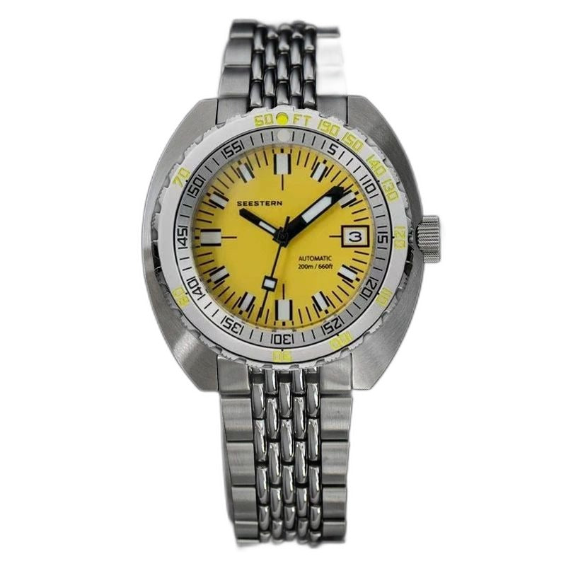 Seestern S406 automatic dive watch 200m, yellow dial, steel case and beads-of-rice bracelet, front